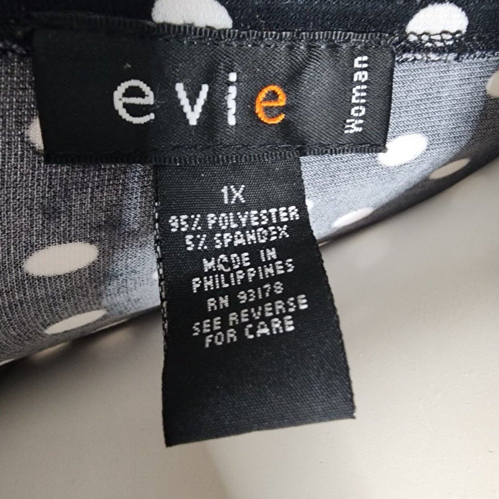 Evie Top Womens Plus Size 1X Black White Polka Dot 3/4‎ Sleeve Pullover - Picture 5 of 6